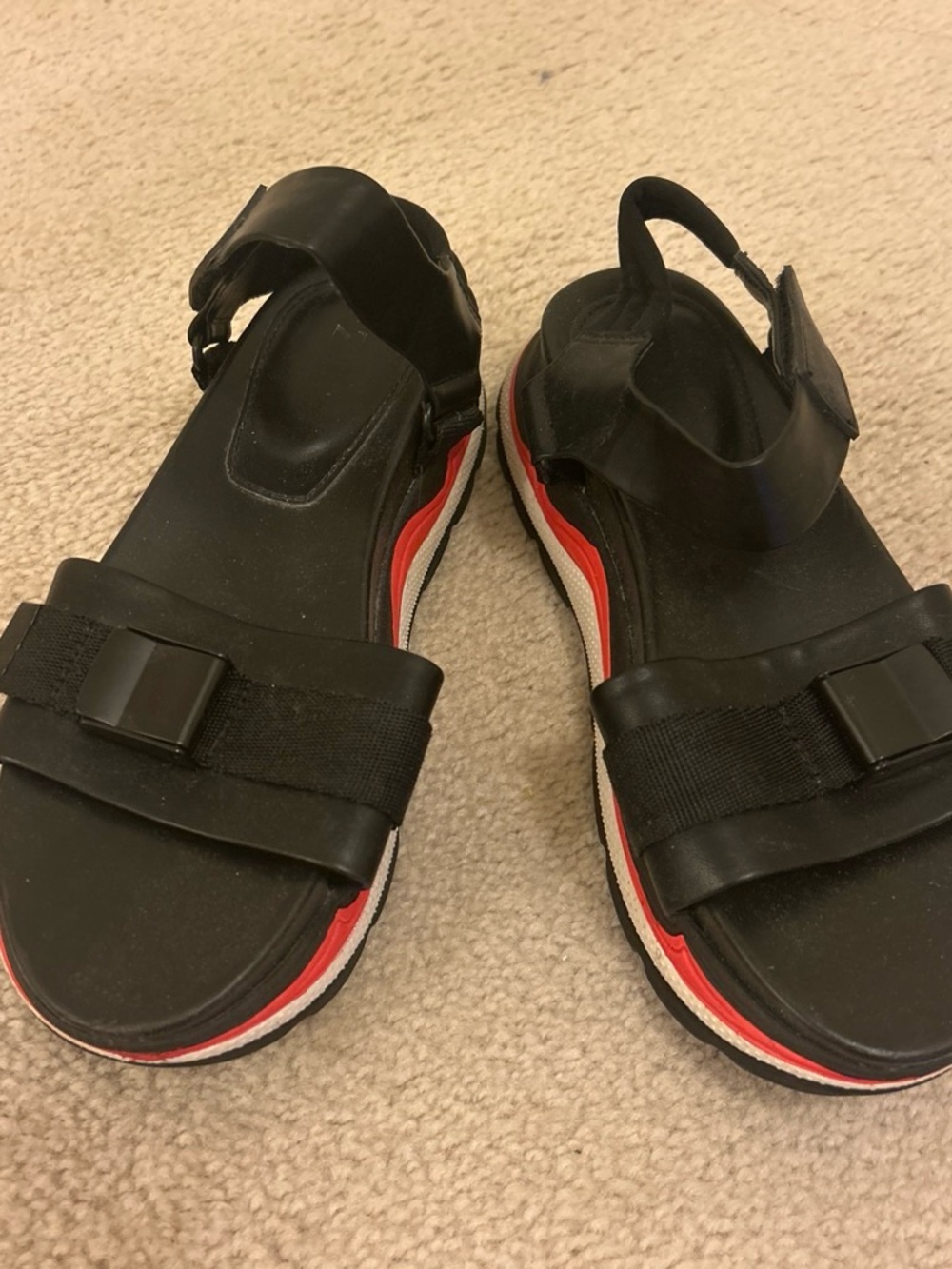Zara Black Sport Sandals with Red and White Trim
